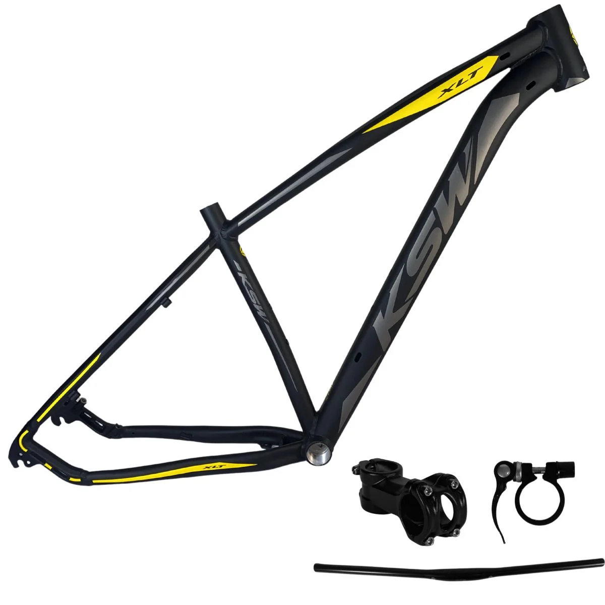 Quadro de Bicicleta 29 KSW XLT 400 Preto Fosco Com Prata e Amarelo - T17