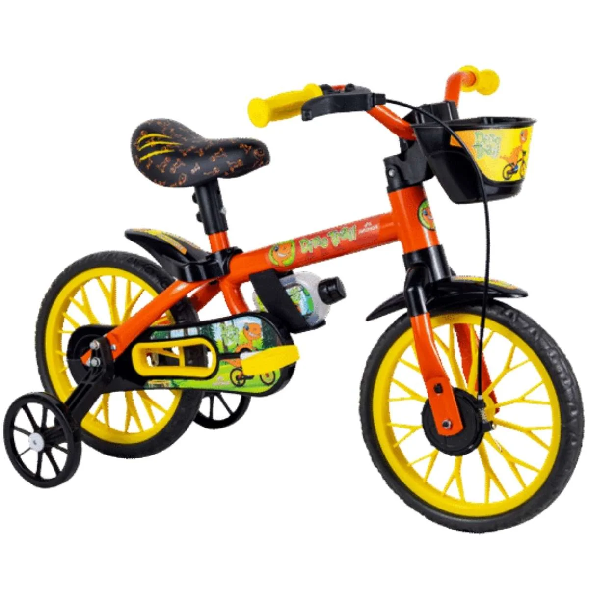 Bicicleta Aro 12 Nathor Dino Laranja, Preto e Amarelo com Cesta