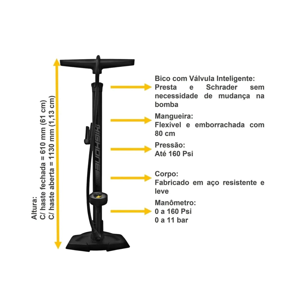 Bomba de Ar Oficina Bicicleta High One Bico Duplo Com Manômetro